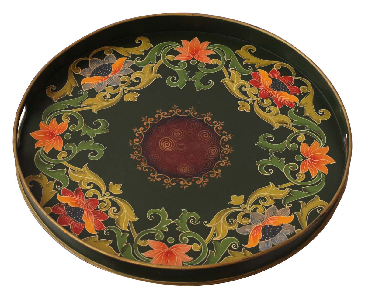 Bulk Wholesale Decorative Round Tray in Iron Enhanced Handmade 17” with Old-World Style Painting of Flowers & Traditional-Look Motifs in Dark-Green & More Bright Colors - Ethnic-Look Home Decor from India