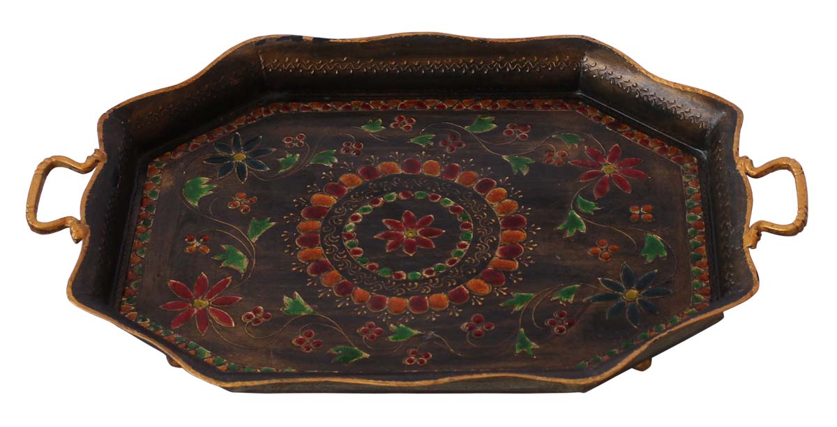 Bulk Wholesale Handmade 21” Decorative Tray Enhanced with Meenakari Style Painting of Flowers on Black in Bright Colors - Ethnic-Look Home Decor from India