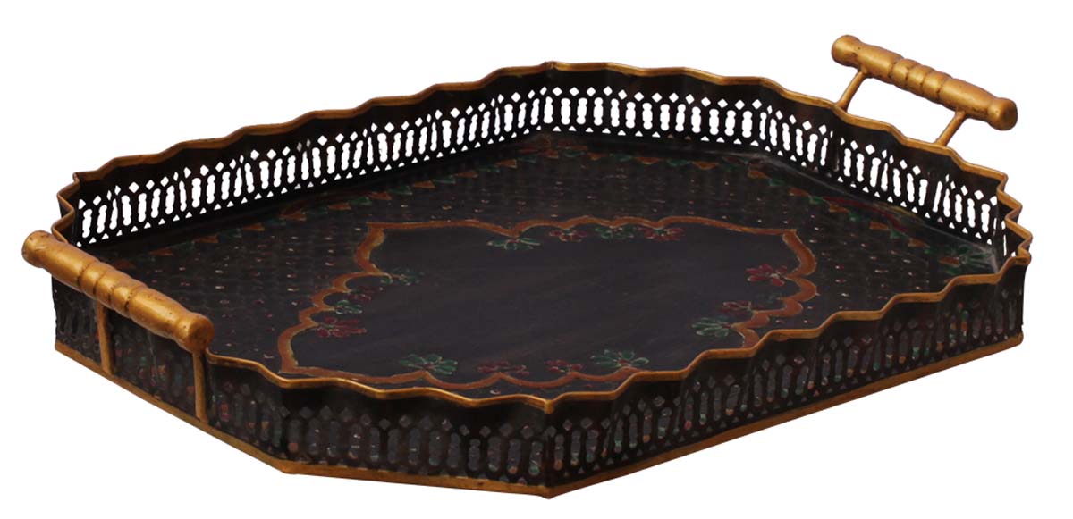 Bulk Wholesale Wavy Shaped Decorative Tray Enhanced with Meenakari Style Painting of Flowers on Black in Bright Colors - Ethnic-Look Home Decor from India
