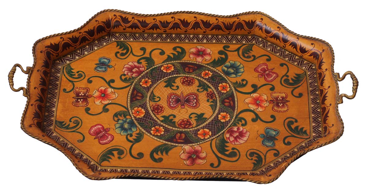 Bulk Wholesale Decorative Tray in Iron Enhanced Handmade 27” with Old-World Style Painting of Flowers & Traditional-Look Motifs in Yellow & More Bright Colors - Ethnic-Look Home Decor from India
