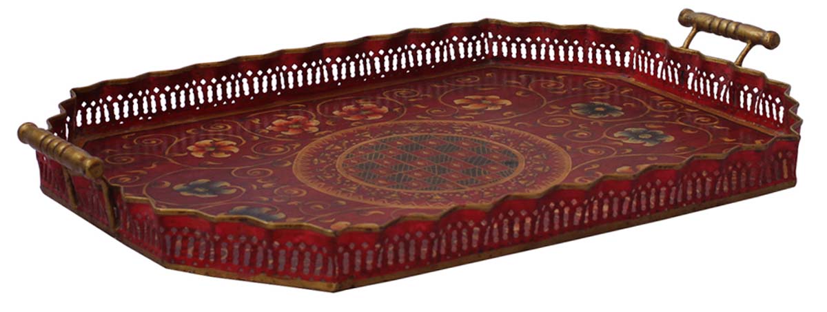 Bulk Wholesale 24” Decorative Tray in Iron Enhanced with Handmade Old-World Style Painting of Flowers & Traditional-Look Motifs in Red & More Bright Colors - Ethnic-Look Home Decor from India
