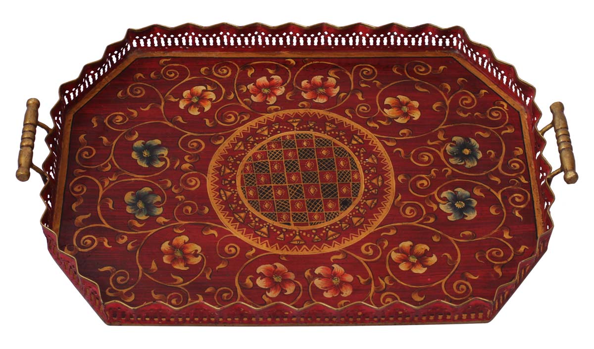 Bulk Wholesale 24” Decorative Tray in Iron Enhanced with Handmade Old-World Style Painting of Flowers & Traditional-Look Motifs in Red & More Bright Colors - Ethnic-Look Home Decor from India