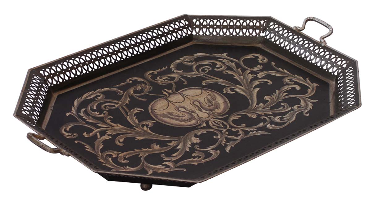 Bulk Wholesale 26” Decorative Tray in Iron Enhanced with Handmade Old-World Style Painting of Swans & Traditional-Look Motifs in Black & Off-White Color - Ethnic-Look Home Decor from India