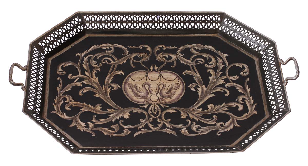 Bulk Wholesale 26” Decorative Tray in Iron Enhanced with Handmade Old-World Style Painting of Swans & Traditional-Look Motifs in Black & Off-White Color - Ethnic-Look Home Decor from India
