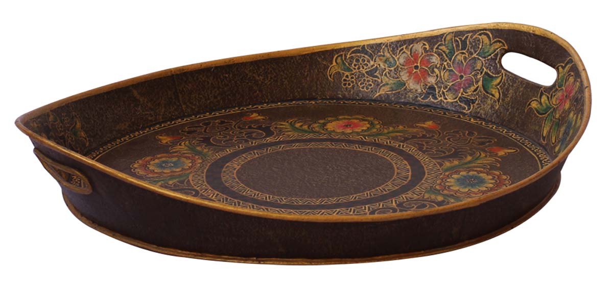 Bulk Wholesale 20” Decorative Tray in Iron Enhanced with Handmade Old-World Style Painting in Golden, Black & Copper Color - Ethnic-Look Home Decor from India
