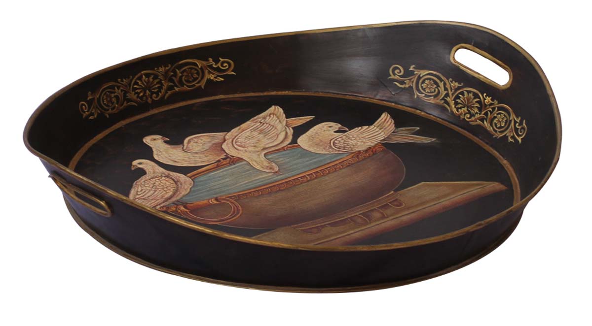 Bulk Wholesale Round Tray in Iron Enhanced with Handmade 22” Decorative Old-World Style Painting of Birds Drinking Water in Black, Golden & More Colors - Ethnic-Look Home Decor from India