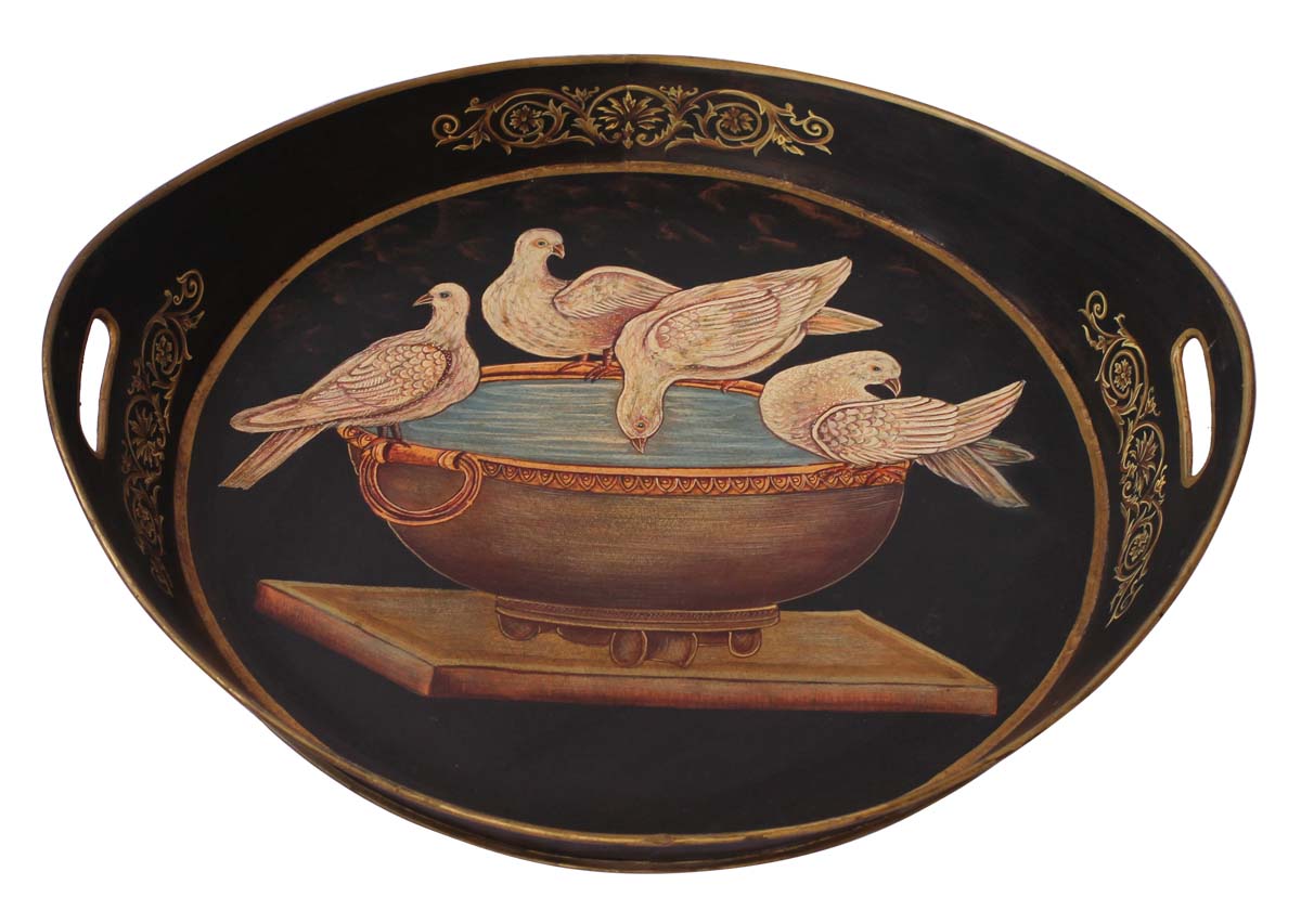 Bulk Wholesale Round Tray in Iron Enhanced with Handmade 22” Decorative Old-World Style Painting of Birds Drinking Water in Black, Golden & More Colors - Ethnic-Look Home Decor from India