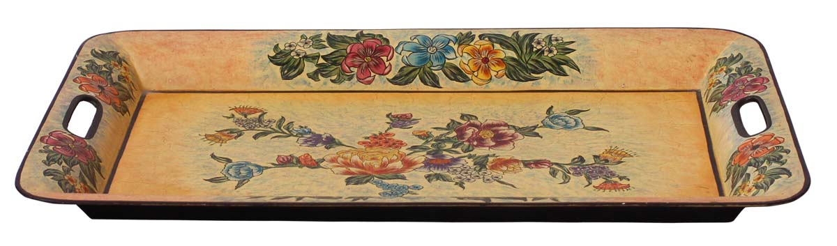 Bulk Wholesale Handmade 25” Decorative Rectangular Tray in Iron Enhanced with Old-World Style Painting of Flowers in Yellow & More Colors - Ethnic-Look Home Decor from India