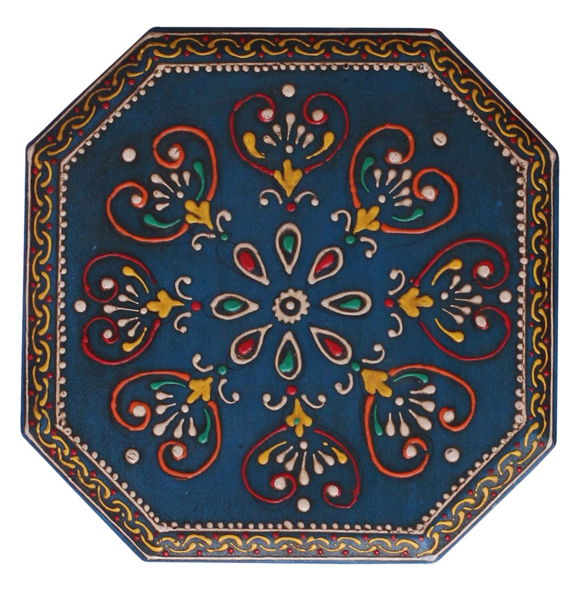 Wholesale 4.5” Wooden Jewelry Box in Bulk - Source Handmade Octagonal-Shaped Keepsake Box/Trinket Box in Red, Blue, Green Color with Old-World Cone-Painting Art in Traditional-Look Motifs from India