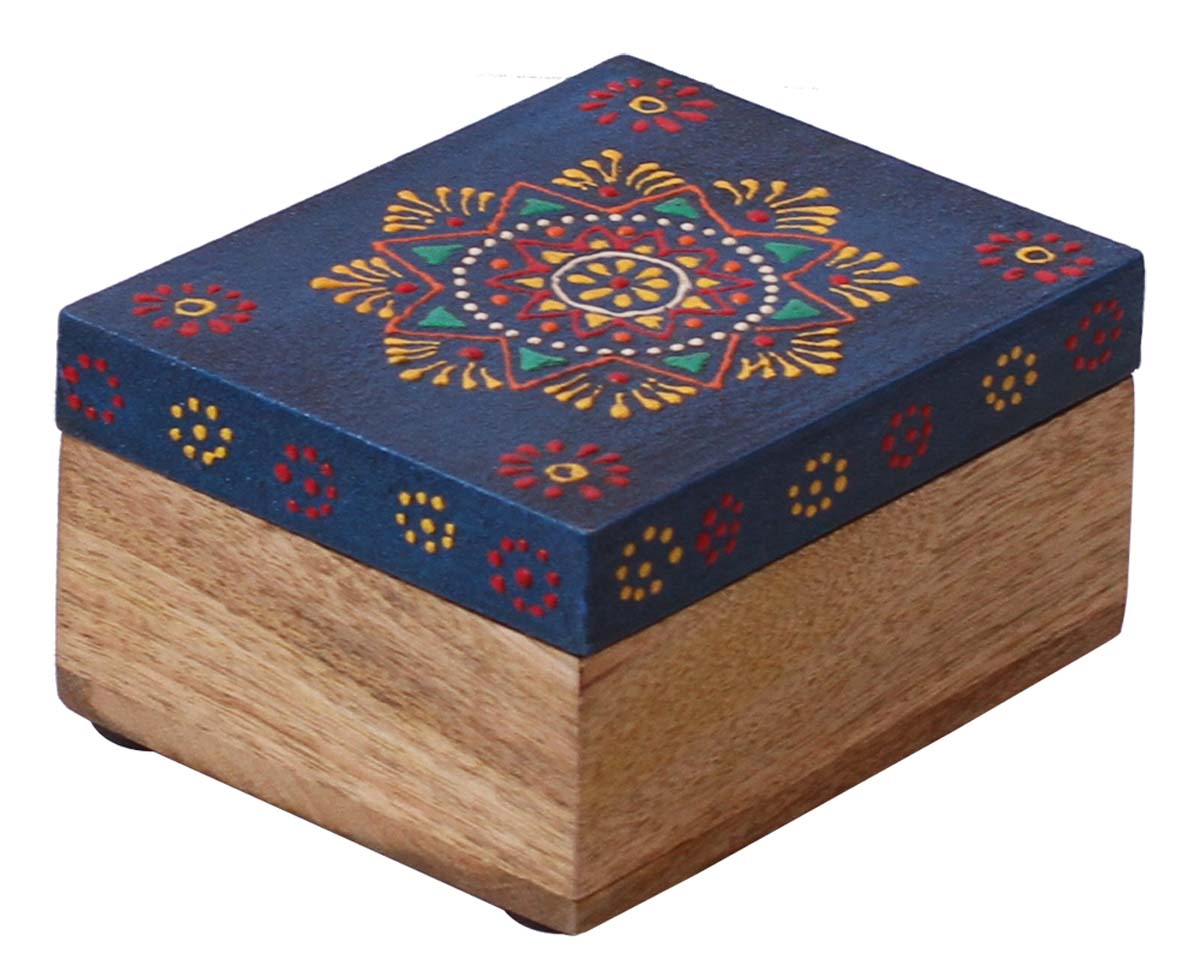 Wholesale 5x4” Wooden Jewelry Box - Bulk Buy Square Handmade Keepsake Box/Trinket Box in Royal-Blue & Natural-Wood Color Decorated with Cone-Painting Art of Traditional-Look Motifs from India