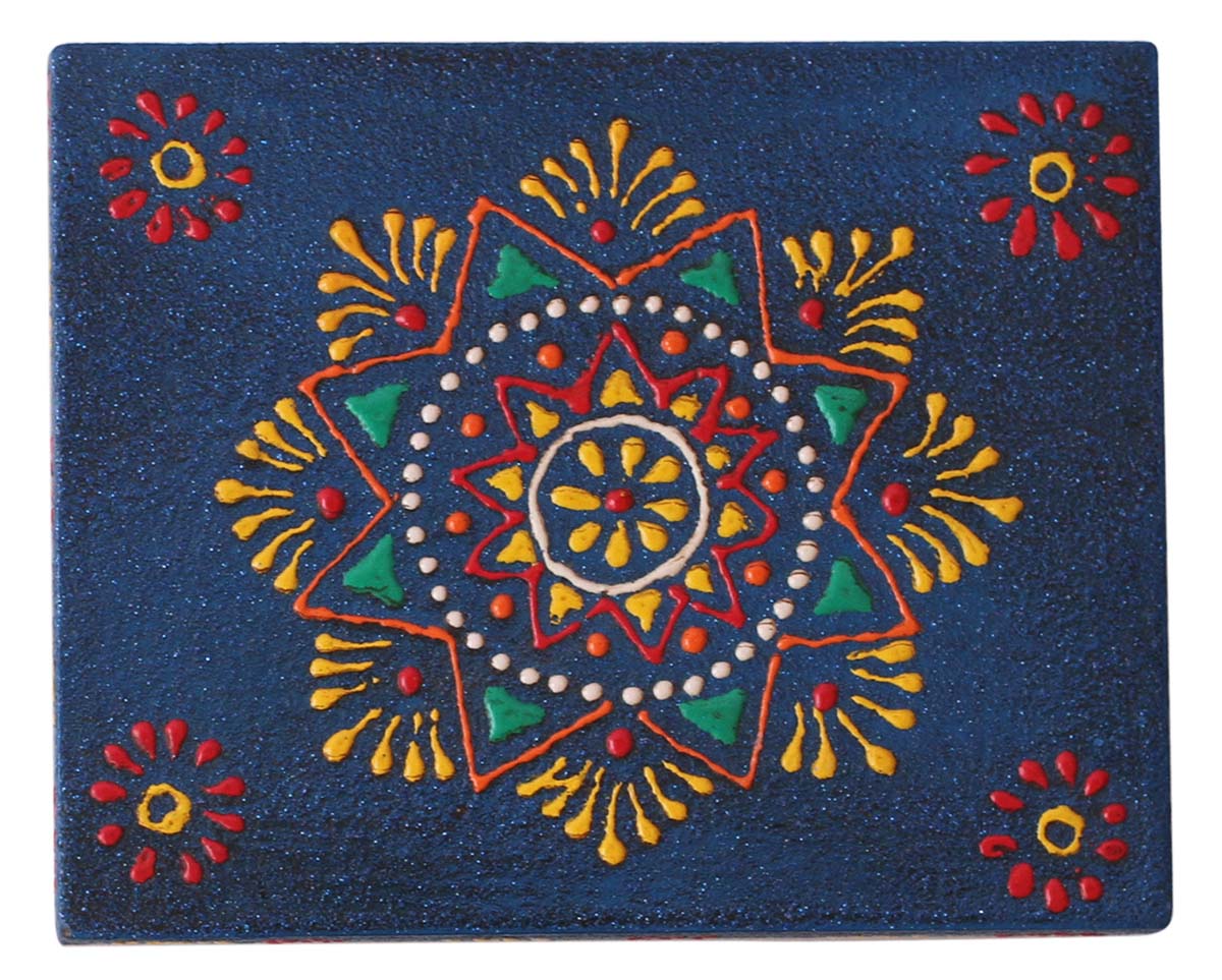 Wholesale 5x4” Wooden Jewelry Box - Bulk Buy Square Handmade Keepsake Box/Trinket Box in Royal-Blue & Natural-Wood Color Decorated with Cone-Painting Art of Traditional-Look Motifs from India