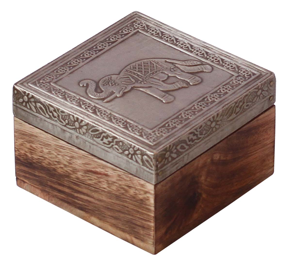 Source Wooden Jewelry Box in Bulk - Wholesale 4” Square Handmade Wood Keepsake Box/Trinket Box in Silver & Natural Wood Color Enhanced with Traditional-Look Carving of Elephants on Metal Sheet from India