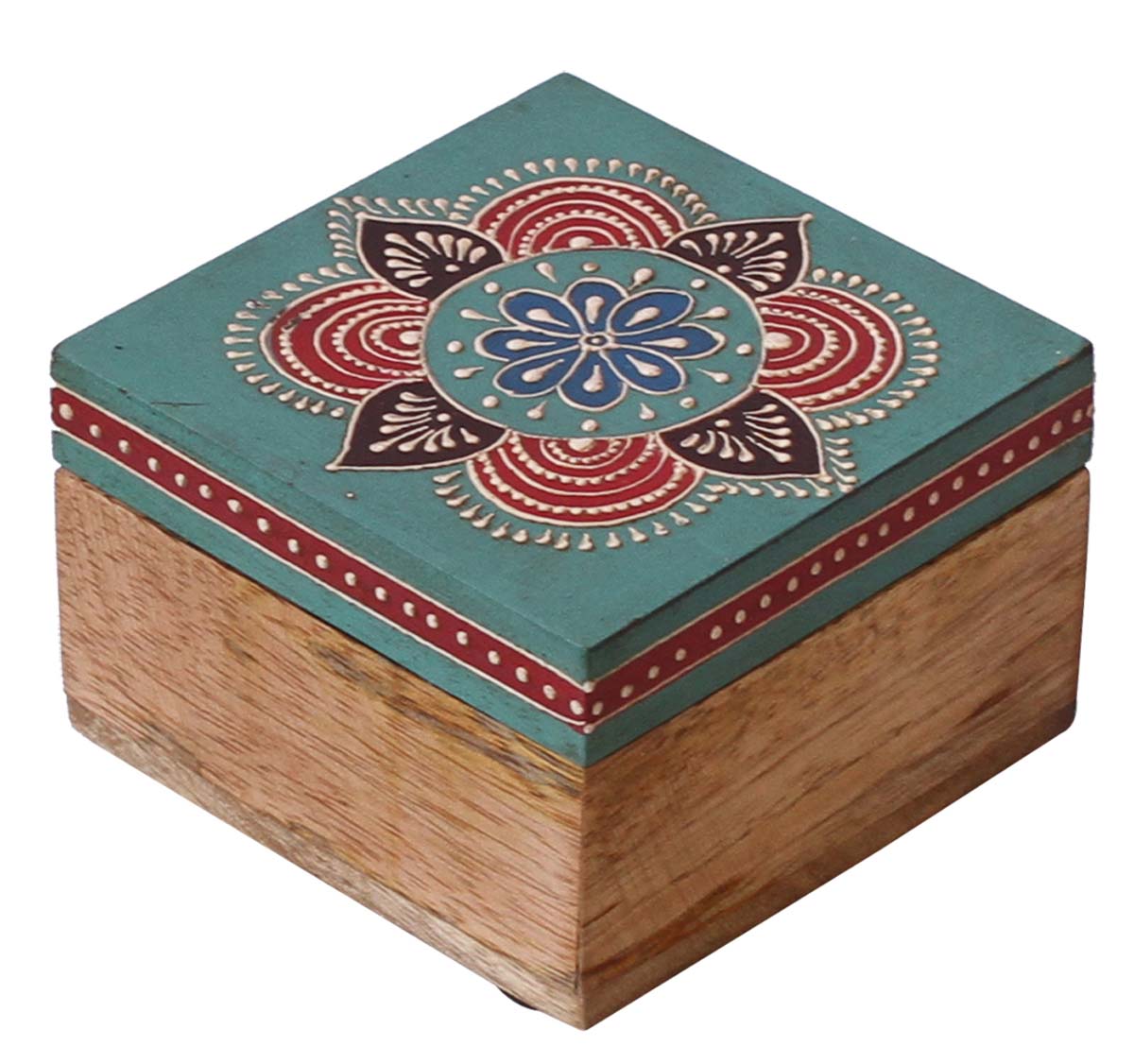 Source 4” Wooden Jewelry Box in Bulk - Wholesale Handmade Square-Shaped Keepsake Box/Trinket Box in Blue & Natural-Wood Color with Old-World Cone-Painting Art in Traditional-Look Motifs - Ethnic-Look Boxes from India