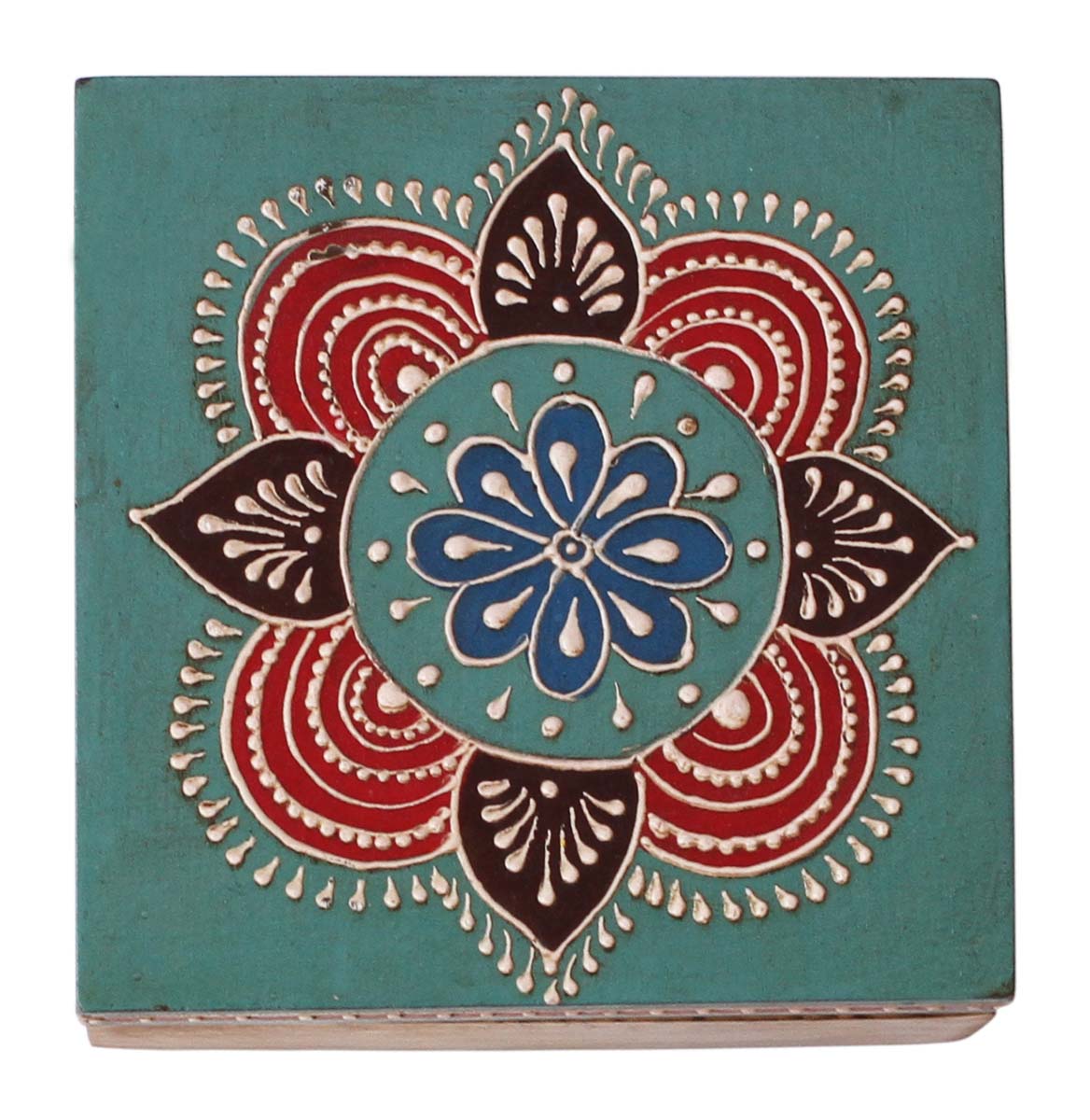Source 4” Wooden Jewelry Box in Bulk - Wholesale Handmade Square-Shaped Keepsake Box/Trinket Box in Blue & Natural-Wood Color with Old-World Cone-Painting Art in Traditional-Look Motifs - Ethnic-Look Boxes from India