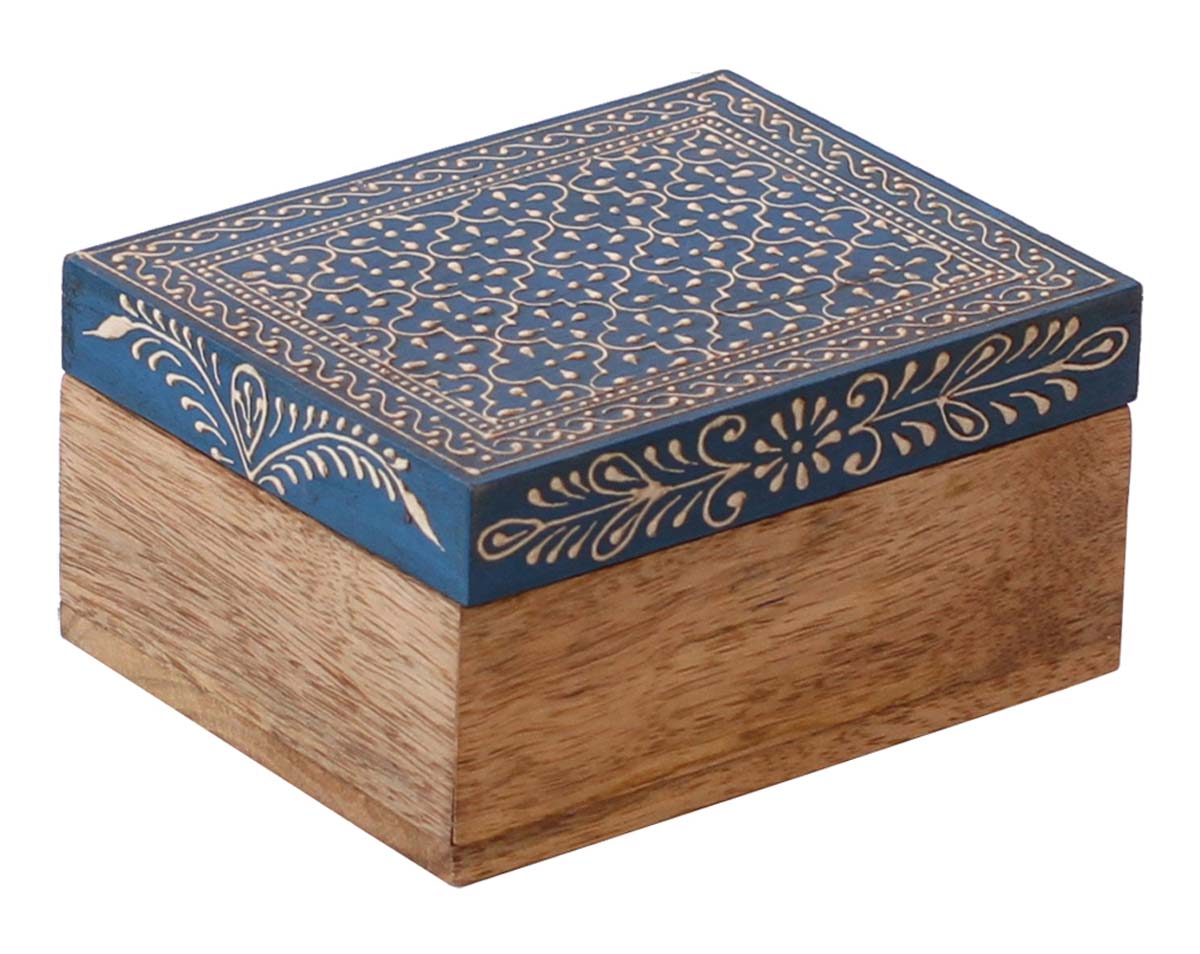 Wholesale Wooden Jewelry Box - Bulk Buy 5x4” Square Handmade Keepsake Box/Trinket Box in Royal-Blue & Natural-Wood Color Decorated with Cone-Painting Art of Traditional-Look Motifs from India