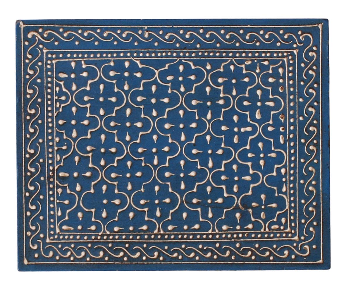 Wholesale Wooden Jewelry Box - Bulk Buy 5x4” Square Handmade Keepsake Box/Trinket Box in Royal-Blue & Natural-Wood Color Decorated with Cone-Painting Art of Traditional-Look Motifs from India