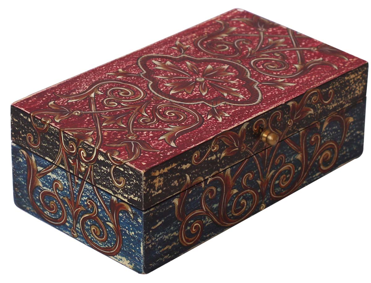Source 8x4.5” Rectangular Shaped Wooden Jewelry Box in Bulk - Wholesale Handmade Multi-Color Keepsake Box/Trinket Box Decorated with Cone - Painting Art in Bright Colors & a Metal Knob - Ethnic-Look Boxes from India