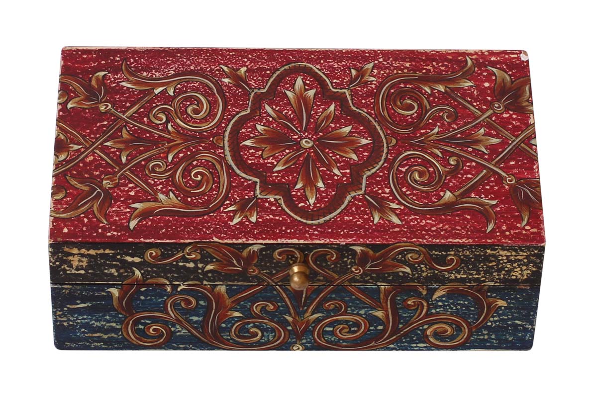 Source 8x4.5” Rectangular Shaped Wooden Jewelry Box in Bulk - Wholesale Handmade Multi-Color Keepsake Box/Trinket Box Decorated with Cone - Painting Art in Bright Colors & a Metal Knob - Ethnic-Look Boxes from India