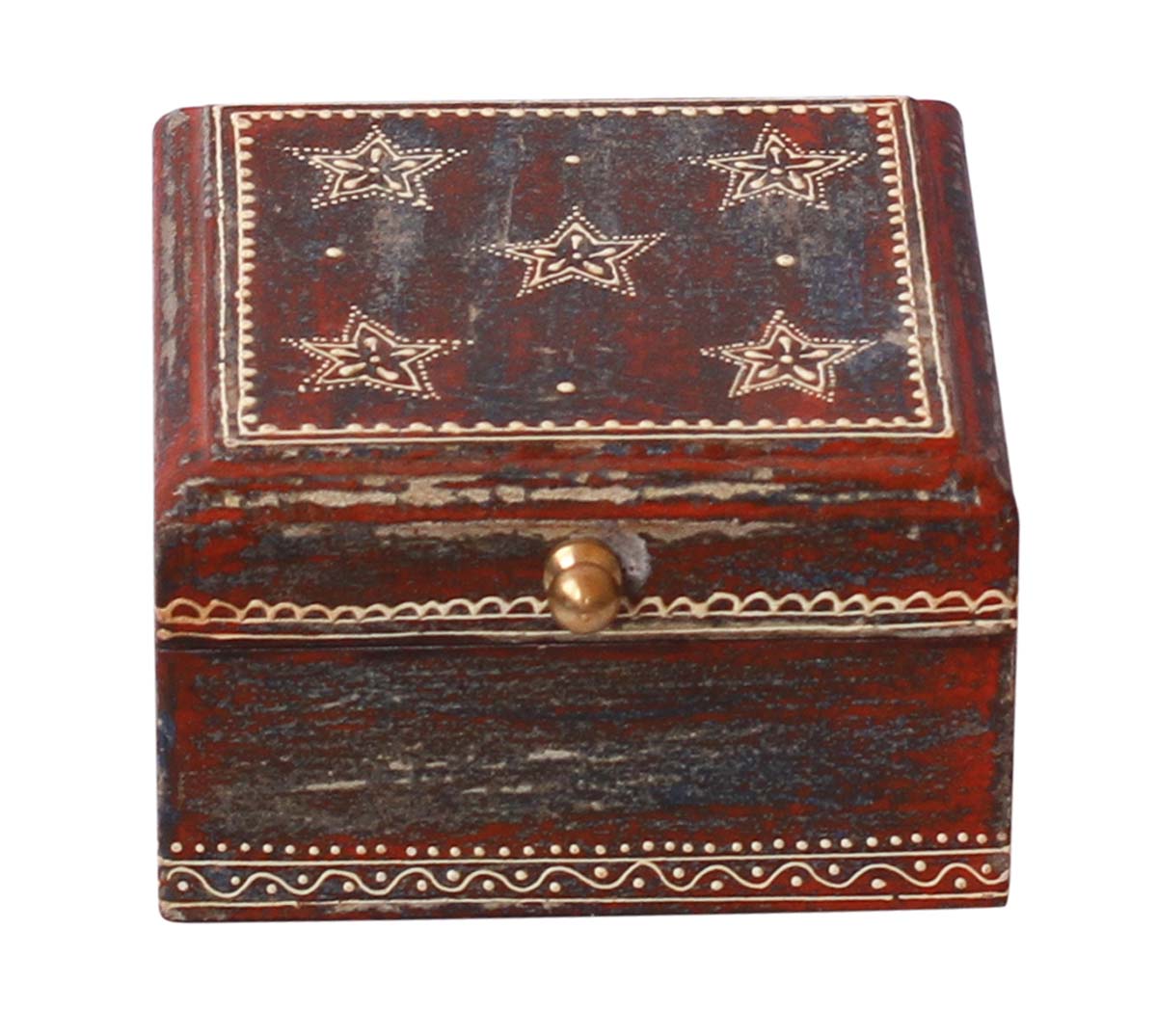 Source 4.5” Wooden Jewelry Box in Bulk - Wholesale Handmade Keepsake Box/Trinket Box in Blue & Red Color with Stars Painted in Old-World Cone-Painting Art - Ethnic-Look Boxes from India