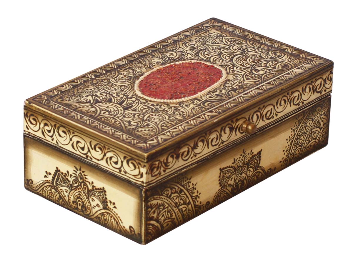 Wholesale 8x4.5” Wooden Jewelry Box in Bulk - Source Handmade Keepsake Box/Trinket Box in Light-Yellow, Brown & Red Color with Old-World Cone-Painting Art in Traditional-Look Motifs & a Metal Knob from India
