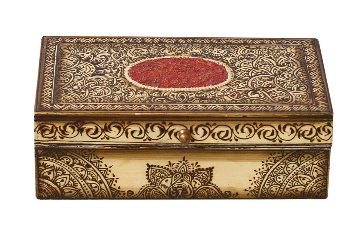 Wholesale 8x4.5” Wooden Jewelry Box in Bulk - Source Handmade Keepsake Box/Trinket Box in Light-Yellow, Brown & Red Color with Old-World Cone-Painting Art in Traditional-Look Motifs & a Metal Knob from India
