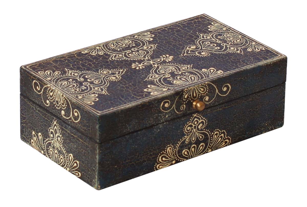 Wholesale 8 x 4.5” Wooden Black Jewelry Box in Bulk - Handmade Rectangular Wood Jewelry Box/Trinket Box/Keepsake Box with Crackled-Look Cone Painting Art in Traditional-Look Motifs & a Metal Knob - Antique-Look Accessory Holders/Boxes from India