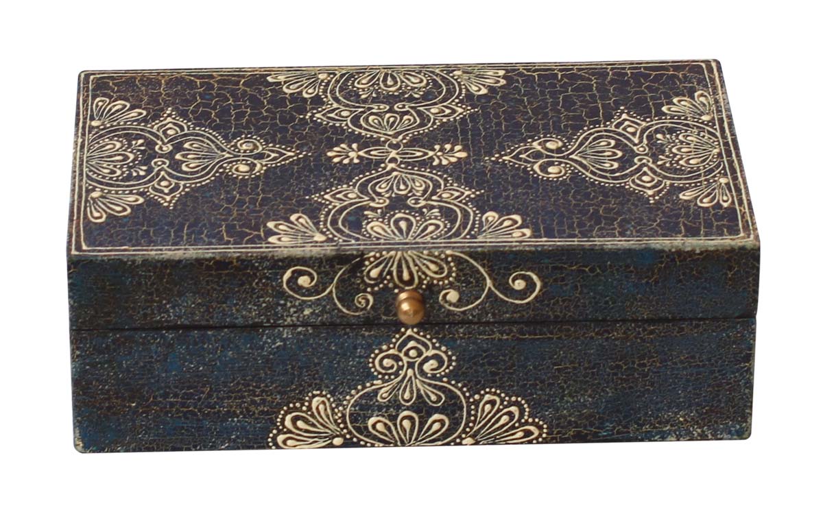 Wholesale 8 x 4.5” Wooden Black Jewelry Box in Bulk - Handmade Rectangular Wood Jewelry Box/Trinket Box/Keepsake Box with Crackled-Look Cone Painting Art in Traditional-Look Motifs & a Metal Knob - Antique-Look Accessory Holders/Boxes from India