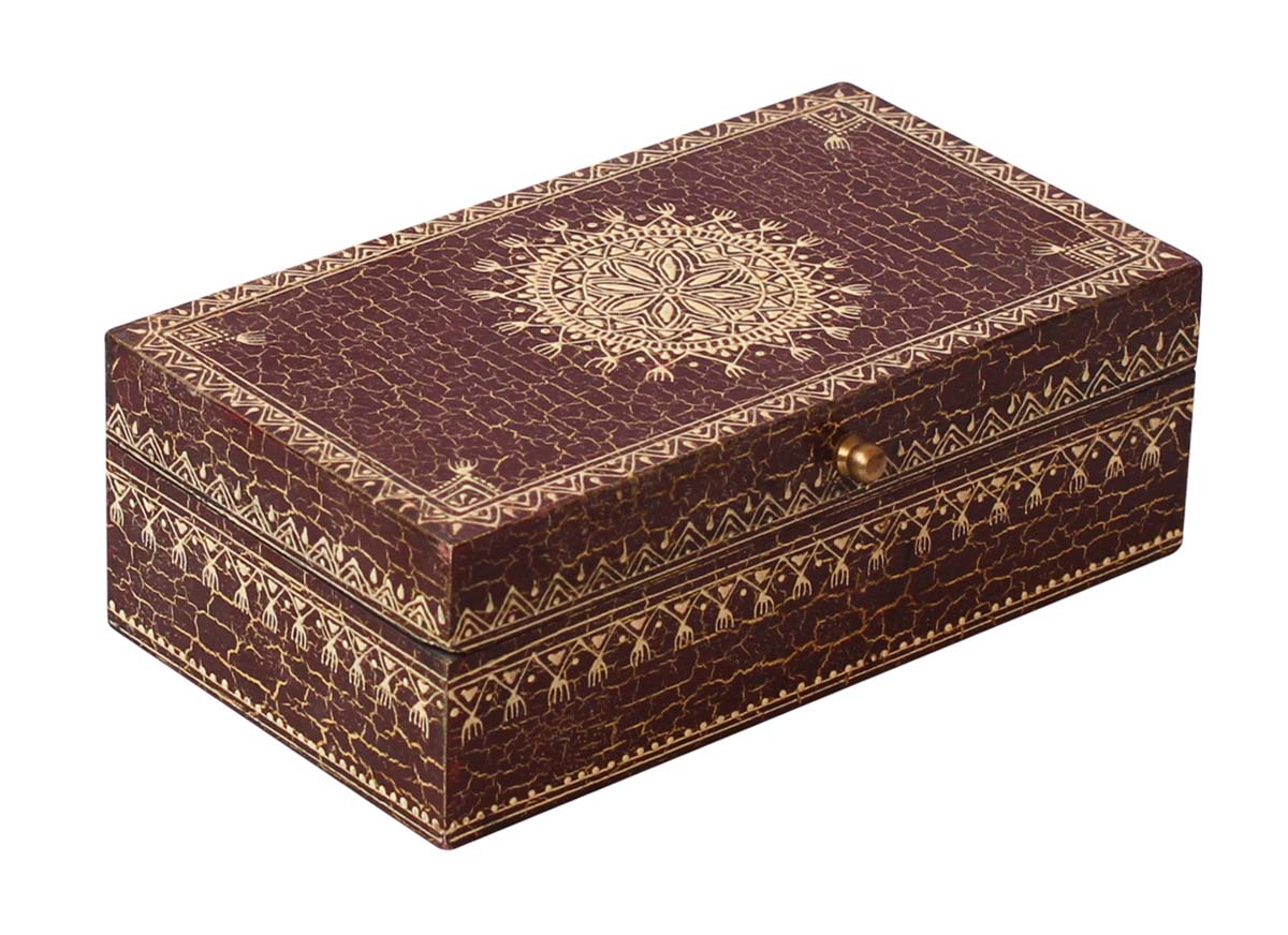 Bulk Source 8x4.5” Wooden Jewelry Box - Wholesale Handmade Keepsake Box/Trinket Box in Brown Color with Crackled-Look with Old-World Cone-Painting Art in Traditional-Look Motifs & a Metal Knob from India