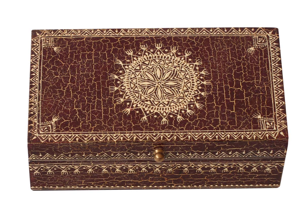 Bulk Source 8x4.5” Wooden Jewelry Box - Wholesale Handmade Keepsake Box/Trinket Box in Brown Color with Crackled-Look with Old-World Cone-Painting Art in Traditional-Look Motifs & a Metal Knob from India