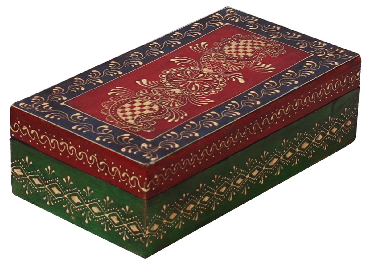 Bulk Source 8x4.5” Wooden Jewelry Box - Wholesale Handmade Keepsake Box/Trinket Box in Red, Blue & Green Color with Old-World Cone-Painting Art in Traditional-Look Motifs & a Metal Knob from India