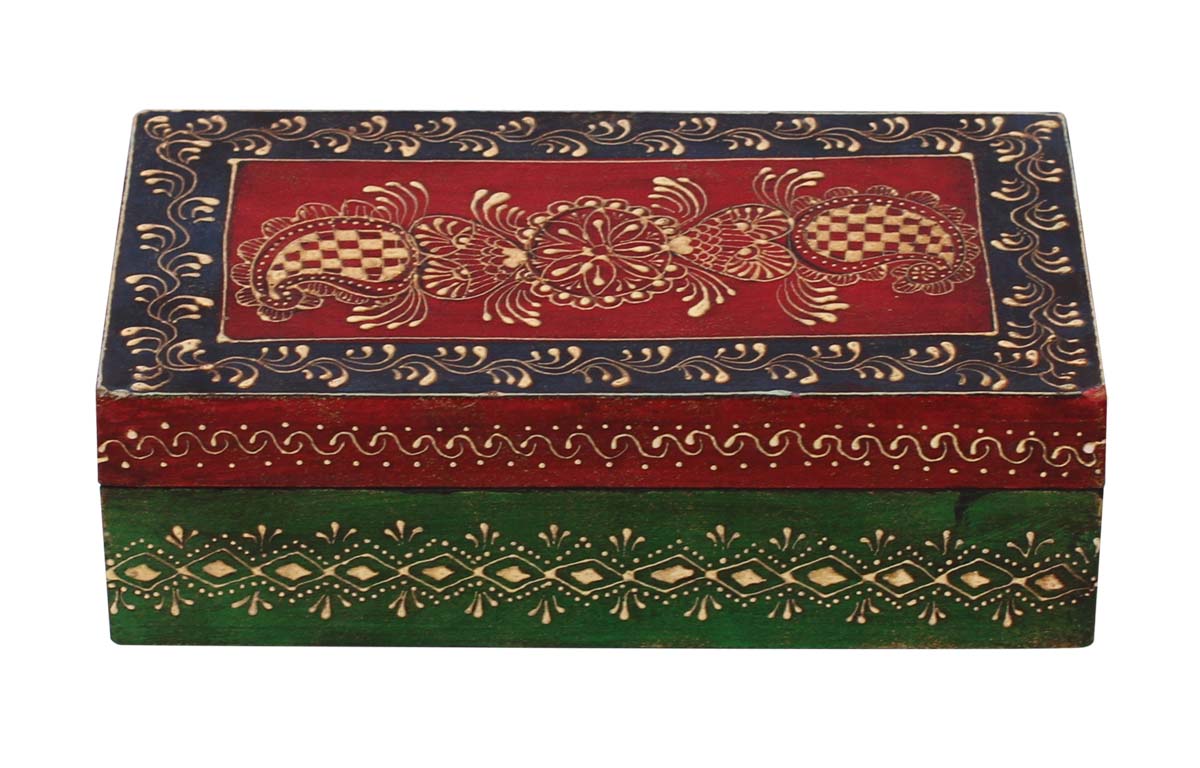 Bulk Source 8x4.5” Wooden Jewelry Box - Wholesale Handmade Keepsake Box/Trinket Box in Red, Blue & Green Color with Old-World Cone-Painting Art in Traditional-Look Motifs & a Metal Knob from India