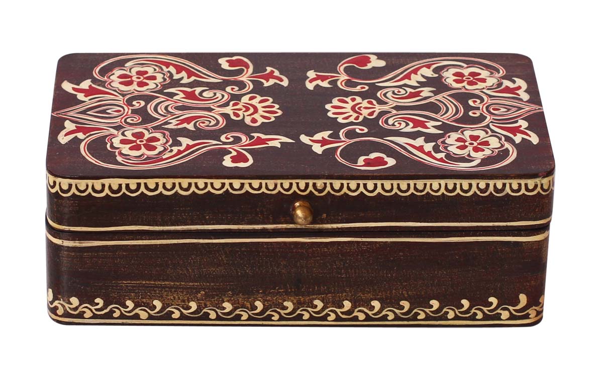 Wholesale 8x4.5” Wooden Jewelry Box in Bulk - Source Handmade Keepsake Box/Trinket Box in Red & Dark-Brown Color with Old-World Cone-Painting Art in Traditional-Look Motifs & a Metal Knob from India