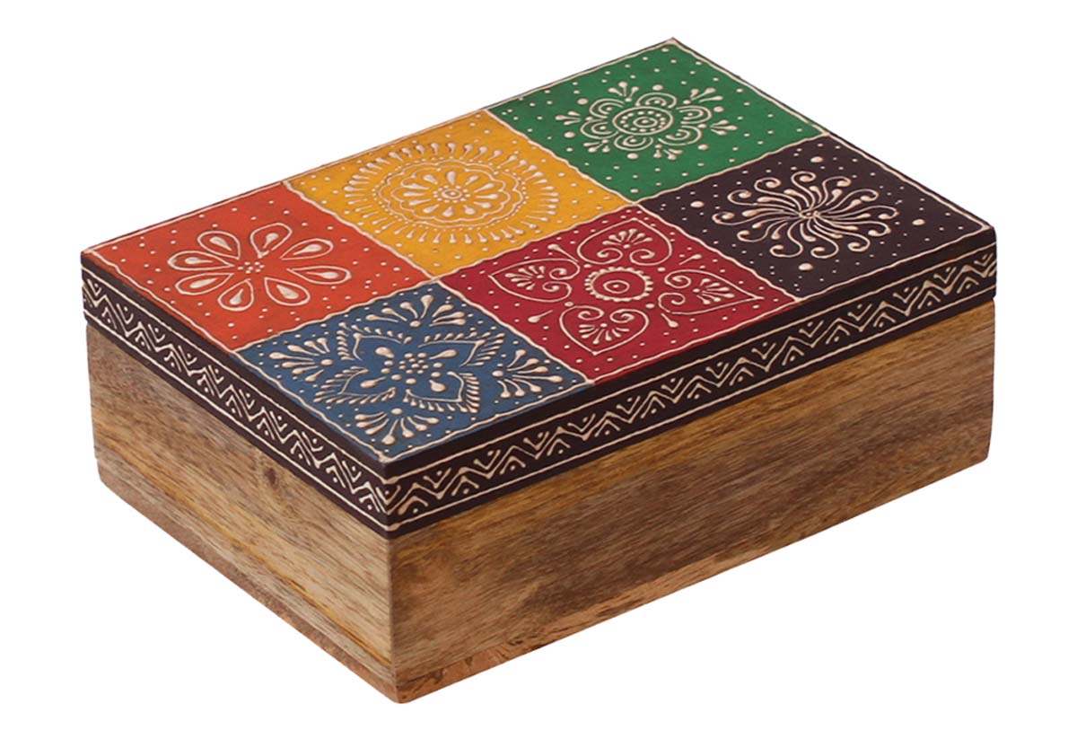 Wholesale 7x5” Rectangular Shaped Jewelry Box in Bulk - Source Handmade Jewelry Box/Trinket Box in Red, Blue, Green, Yellow, Brown & Natural-Wood Color with Colorful Old-World Cone-Painting Art in Traditional-Look Motifs from India