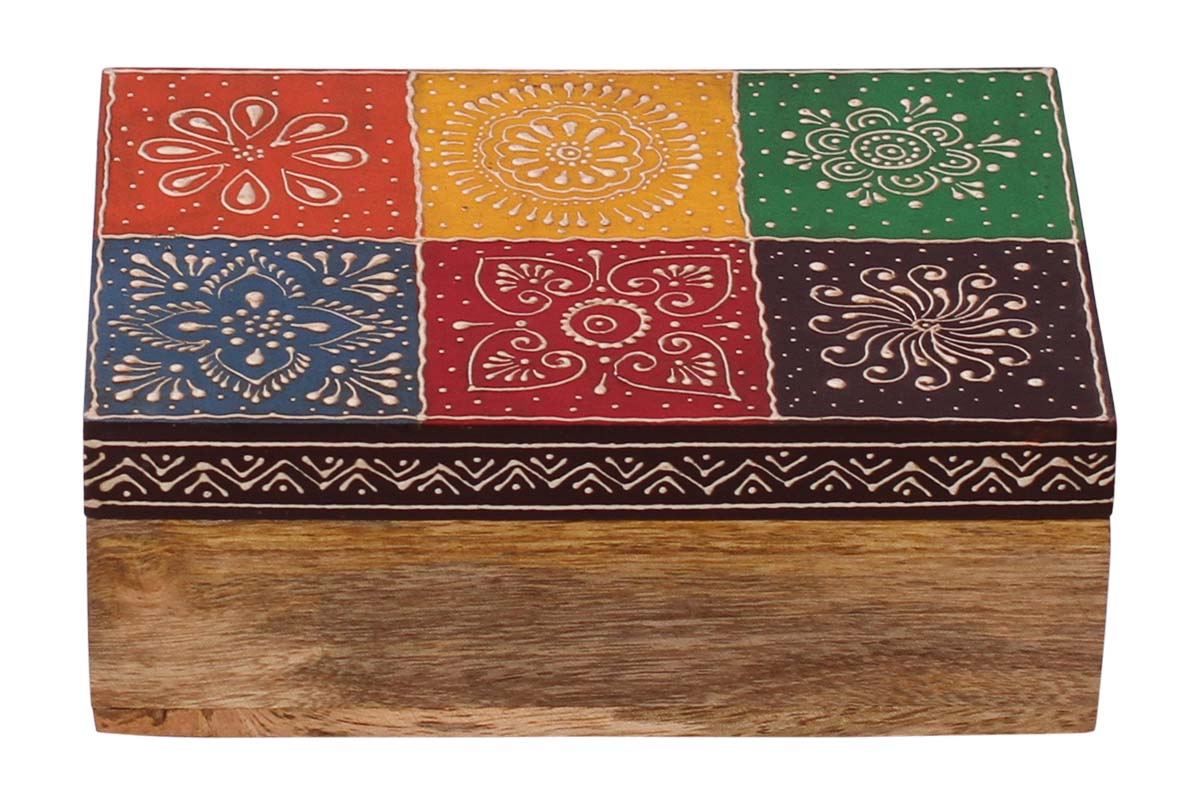 Wholesale 7x5” Rectangular Shaped Jewelry Box in Bulk - Source Handmade Jewelry Box/Trinket Box in Red, Blue, Green, Yellow, Brown & Natural-Wood Color with Colorful Old-World Cone-Painting Art in Traditional-Look Motifs from India