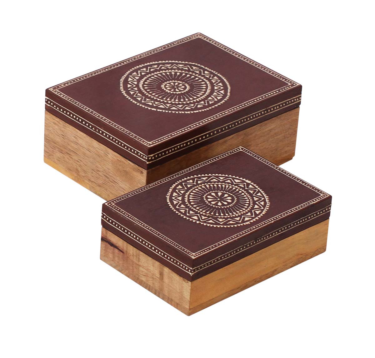 Source Set of 2 Jewelry Box in Bulk - Wholesale Handmade Brown & Natural-Wood Color Jewelry Box/Trinket Box with Colorful Old-World Cone-Painting Art in Traditional-Look Motifs from India