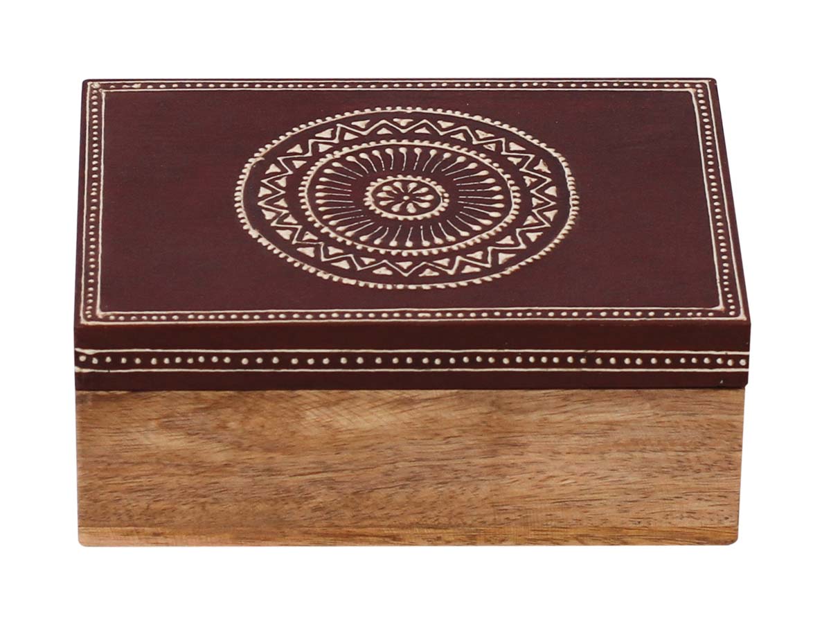 Source Set of 2 Jewelry Box in Bulk - Wholesale Handmade Brown & Natural-Wood Color Jewelry Box/Trinket Box with Colorful Old-World Cone-Painting Art in Traditional-Look Motifs from India