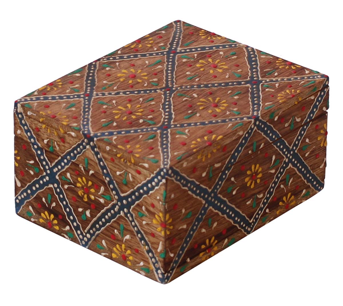 Rectangular Shaped 5x4” Wooden Jewelry Box in Bulk - Wholesale Natural-Wood Color Jewelry Box/Trinket Box with Colorful Old-World Cone-Painting Art in Traditional-Look Motifs from India