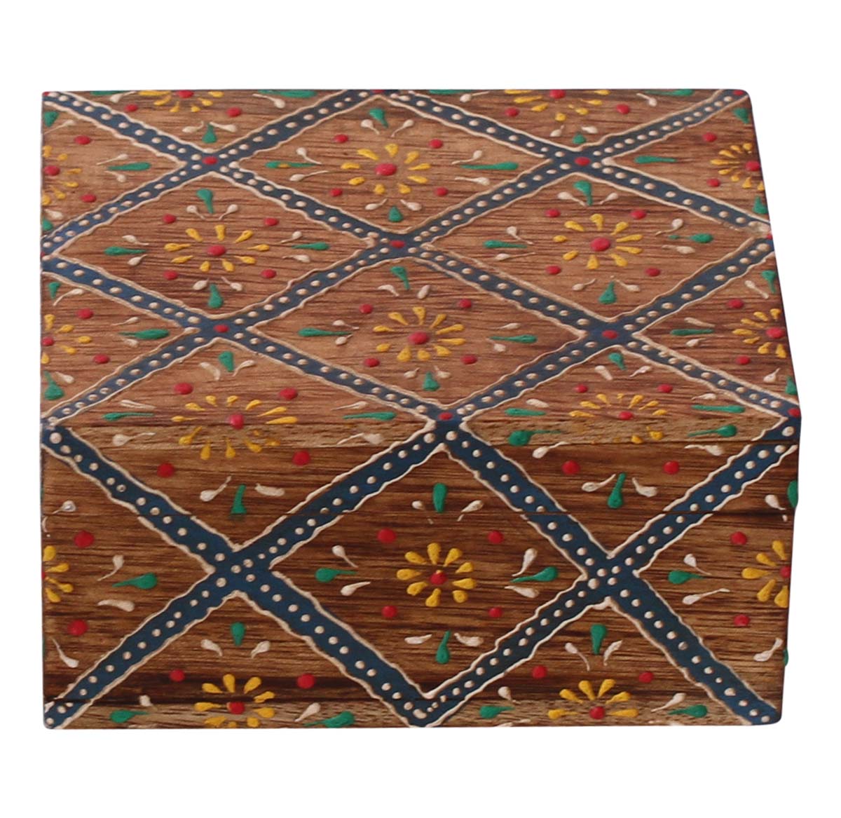 Rectangular Shaped 5x4” Wooden Jewelry Box in Bulk - Wholesale Natural-Wood Color Jewelry Box/Trinket Box with Colorful Old-World Cone-Painting Art in Traditional-Look Motifs from India