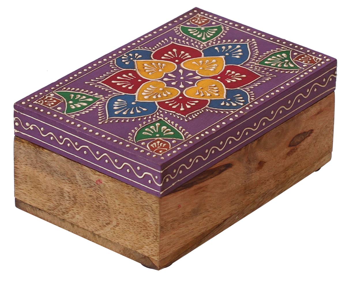 Bulk Source 6x4” Wooden Jewelry Box - Wholesale Handmade Keepsake Box/Trinket Box in Light-Purple & Natural-Wood Color with Old-World Cone-Painting Art in Traditional-Look Motifs from India