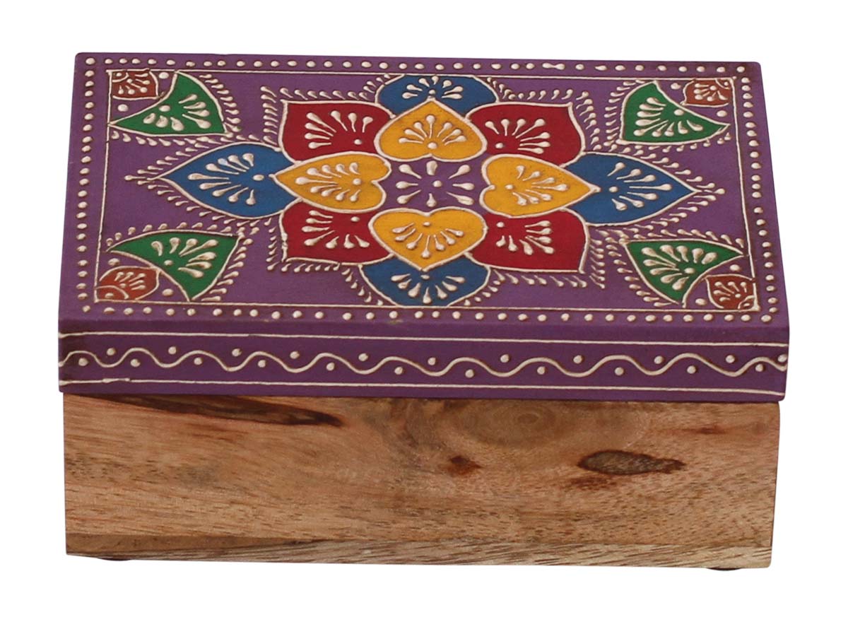 Bulk Source 6x4” Wooden Jewelry Box - Wholesale Handmade Keepsake Box/Trinket Box in Light-Purple & Natural-Wood Color with Old-World Cone-Painting Art in Traditional-Look Motifs from India