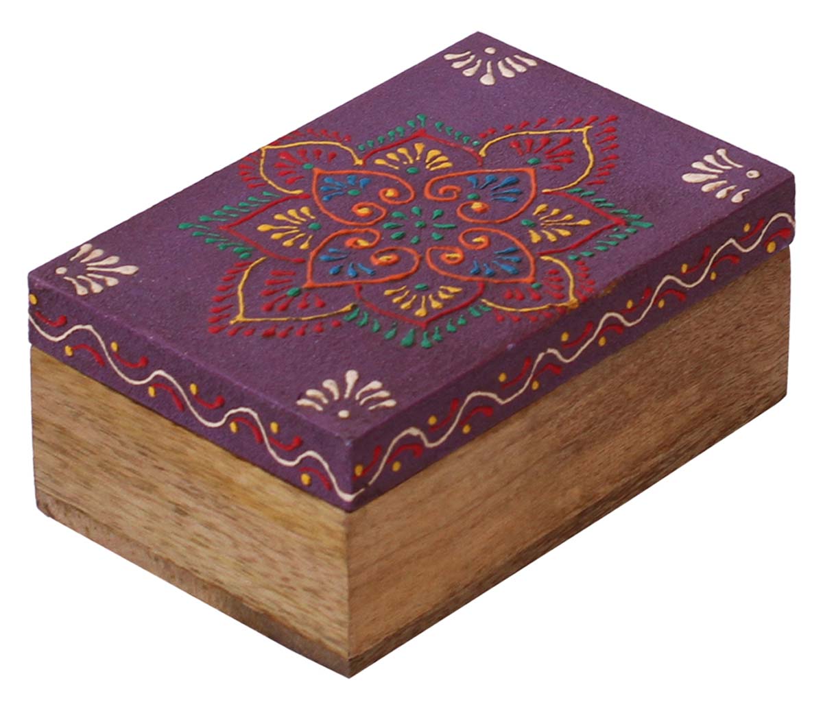 Wholesale 6x4” Wooden Jewelry Box in Bulk - Source Handmade Keepsake Box/Trinket Box in Light-Purple & Natural-Wood Color with Old-World Cone-Painting Art in Traditional-Look Motifs from India