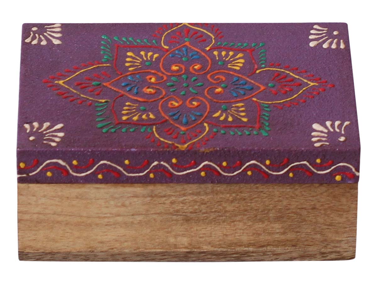 Wholesale 6x4” Wooden Jewelry Box in Bulk - Source Handmade Keepsake Box/Trinket Box in Light-Purple & Natural-Wood Color with Old-World Cone-Painting Art in Traditional-Look Motifs from India