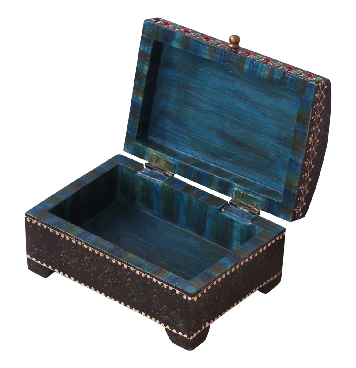 Bulk Source Trunk Shaped 6x4” Wooden Jewelry Box - Wholesale Handmade Keepsake Box/Trinket Box in Brown Color Decorated with Colorful Beads & Colorful Old-World Cone-Painting Art in Traditional-Look Motifs from India