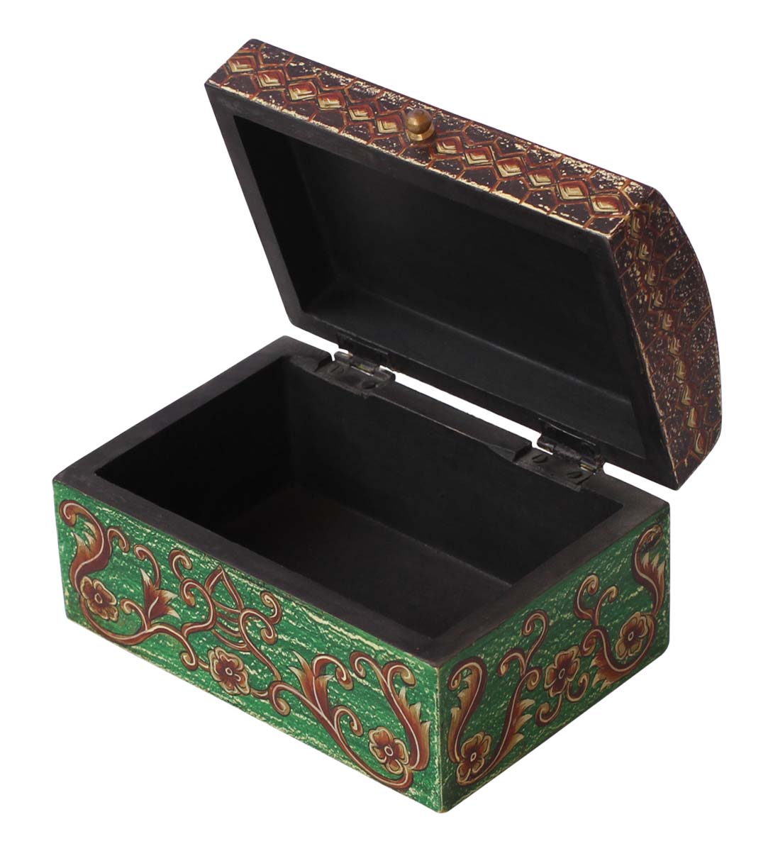 Source 6.5x4.5” Wooden Jewelry Box in Bulk - Wholesale Handmade Keepsake Box/Trinket Box in Bright Orange & Green Color Decorated with Colorful Old-World Cone-Painting Art in Traditional-Look Motifs from India