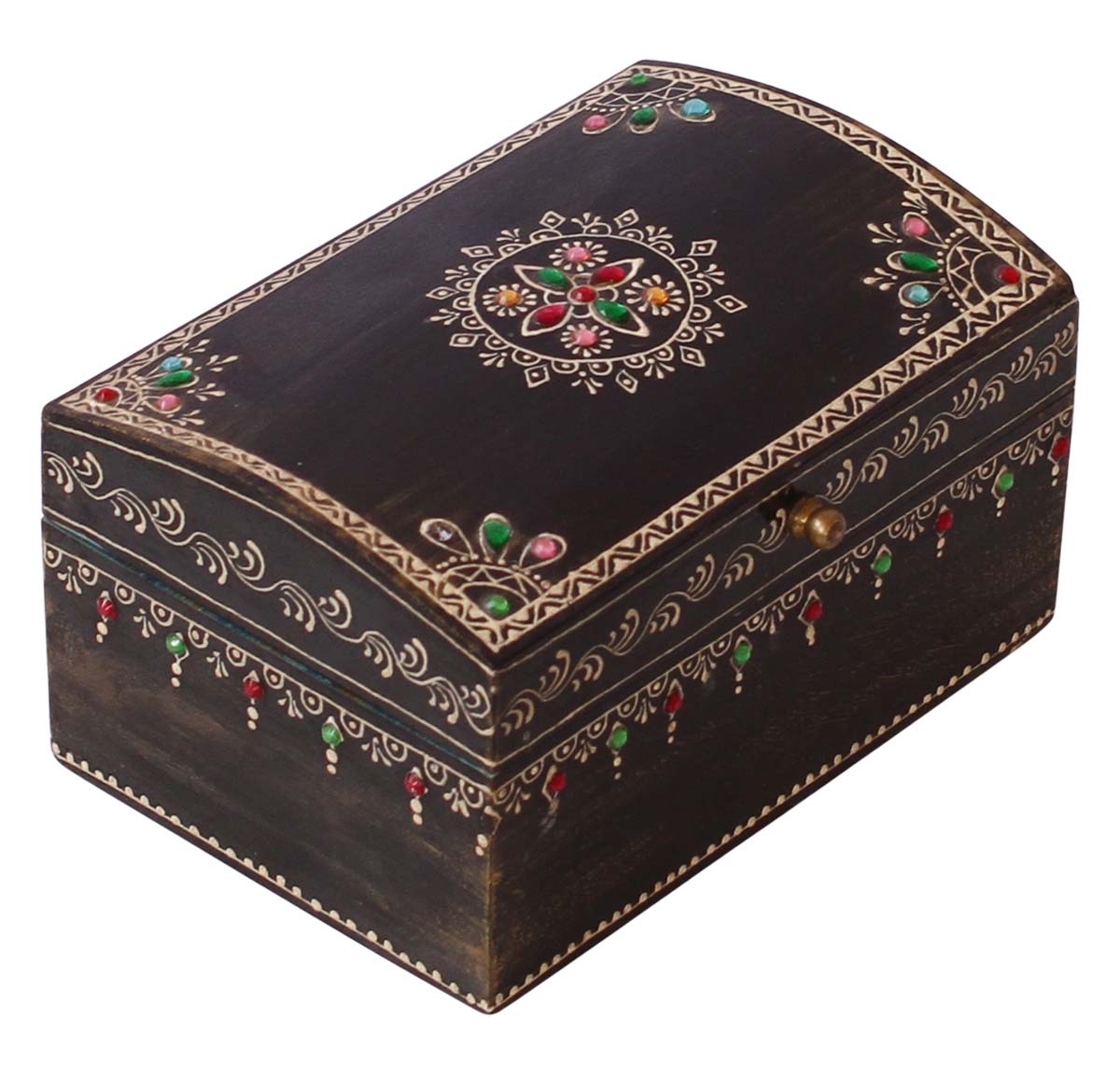 Wholesale 6.5x4” Wooden Jewelry Box in Bulk - Source Handmade Keepsake Box/Trinket Box in Black Decorated with Colorful Old-World Cone-Painting Art in Traditional-Look Motifs & a Metal Knob from India