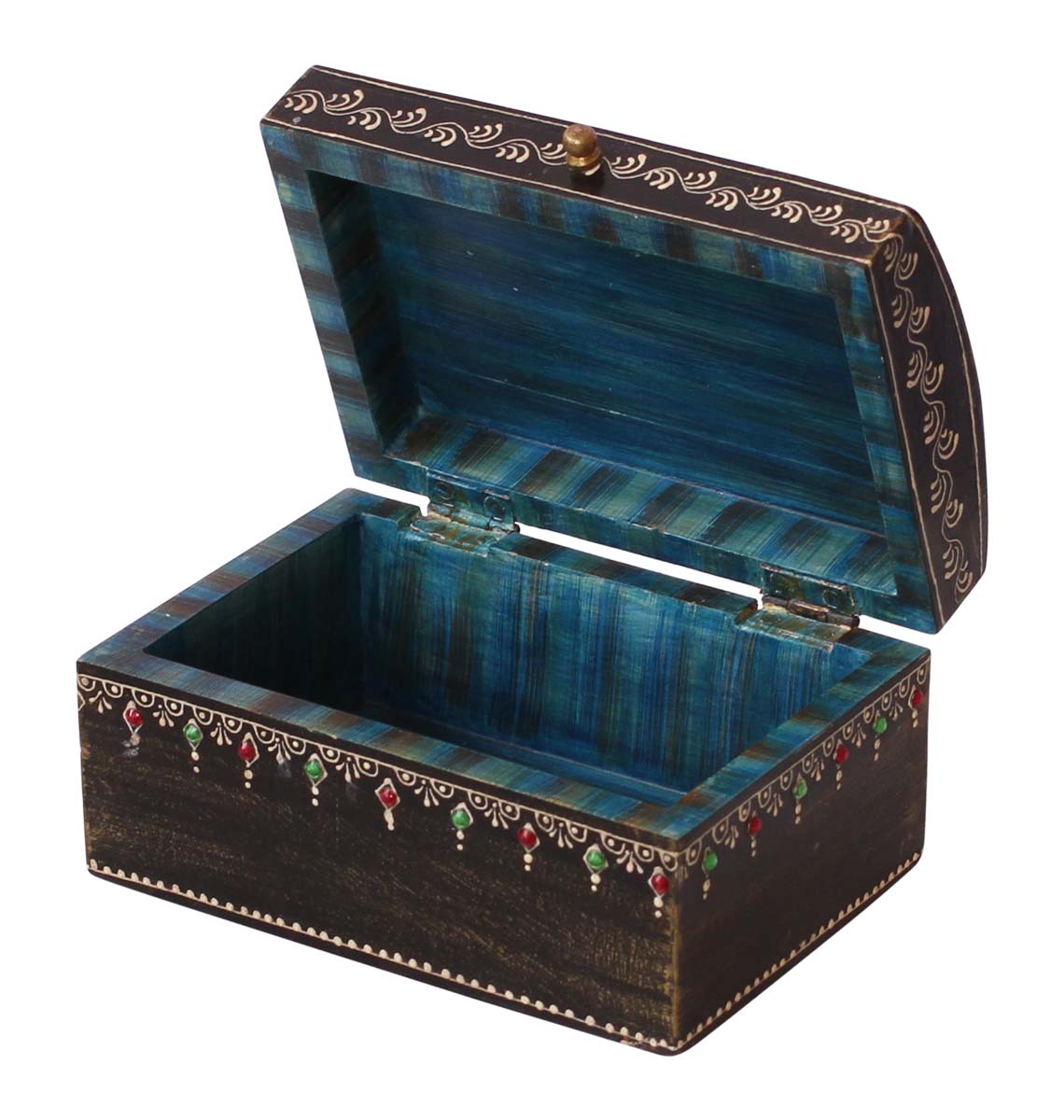 Wholesale 6.5x4” Wooden Jewelry Box in Bulk - Source Handmade Keepsake Box/Trinket Box in Black Decorated with Colorful Old-World Cone-Painting Art in Traditional-Look Motifs & a Metal Knob from India