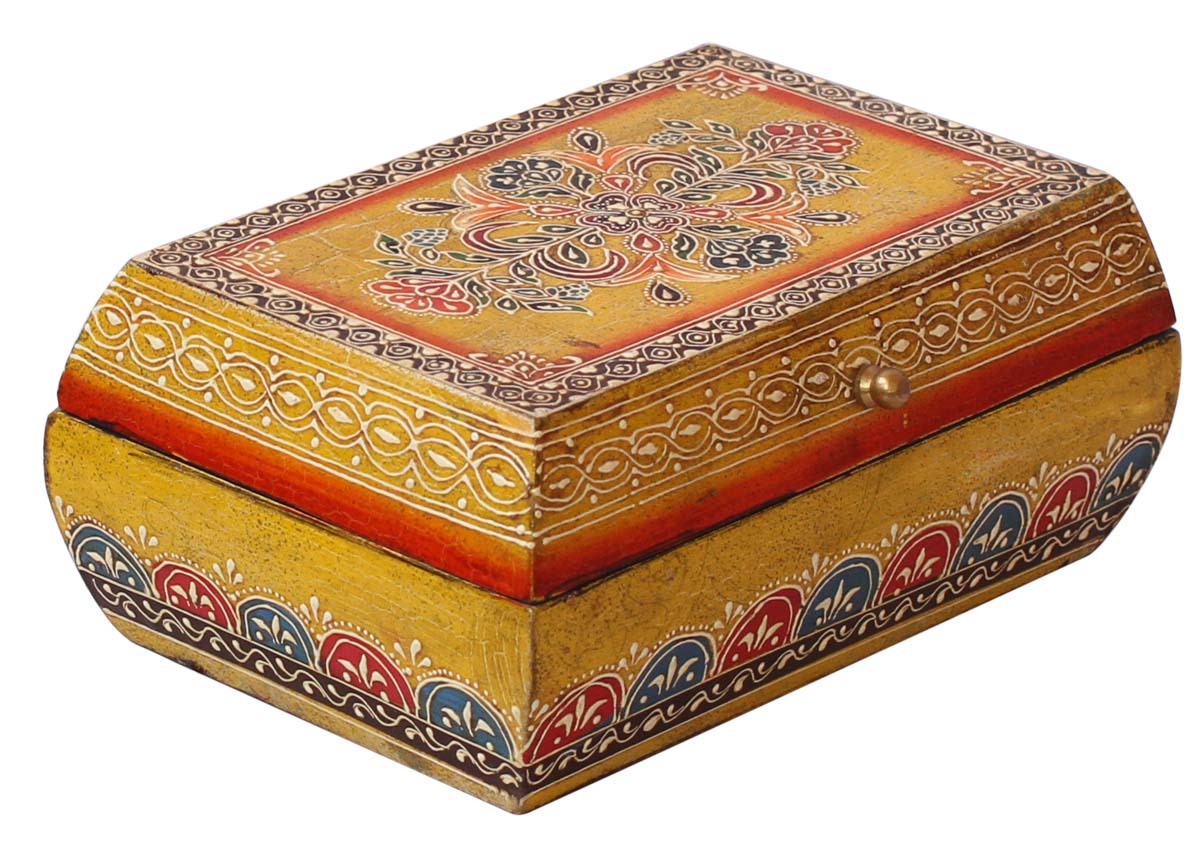 Wholesale 8x5” Wooden Jewelry Box in Bulk - Source Handmade Keepsake Box/Trinket Box in Yellow Decorated with Colorful Old-World Cone-Painting Art in Traditional-Look Motifs & a Metal Knob from India