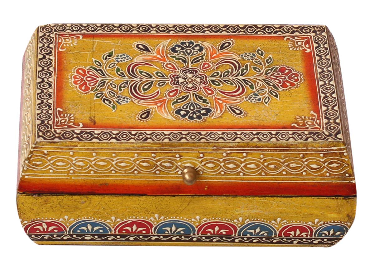 Wholesale 8x5” Wooden Jewelry Box in Bulk - Source Handmade Keepsake Box/Trinket Box in Yellow Decorated with Colorful Old-World Cone-Painting Art in Traditional-Look Motifs & a Metal Knob from India