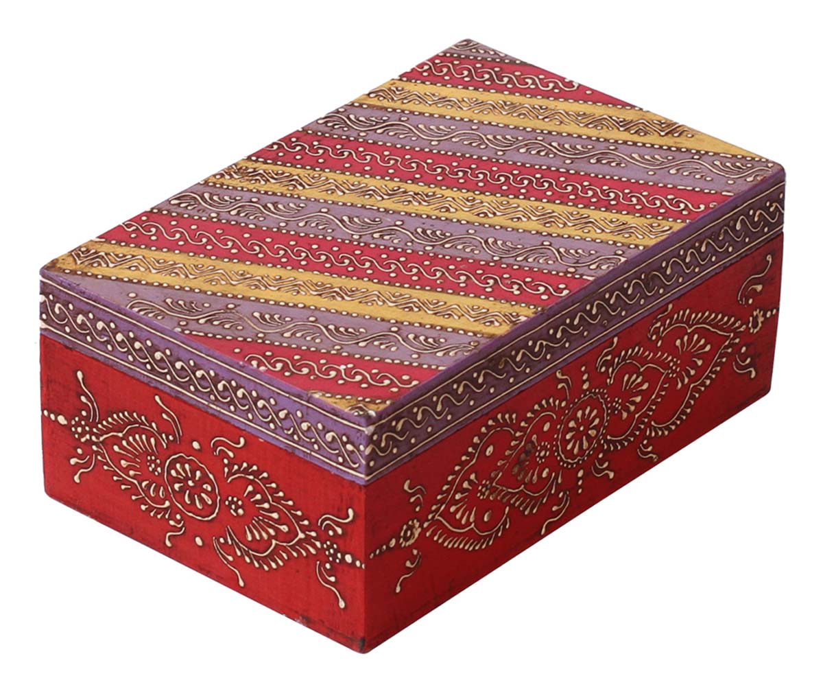 Source 5x7” Wooden Jewelry Box in Bulk - Wholesale Handmade Keepsake Box/Trinket Box in Yellow, Purple, Red Color Decorated with Colorful Old-World Cone-Painting Art in Traditional-Look Motifs - Ethnic-Look Boxes from India