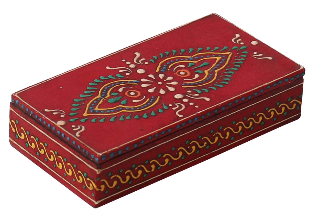 Wholesale 4x2” Rectangular Shaped Wooden Red Jewelry Box in Bulk - Source Handmade Keepsake Box/Trinket Box Decorated with Cone - Painting Art in Bright Colors from India